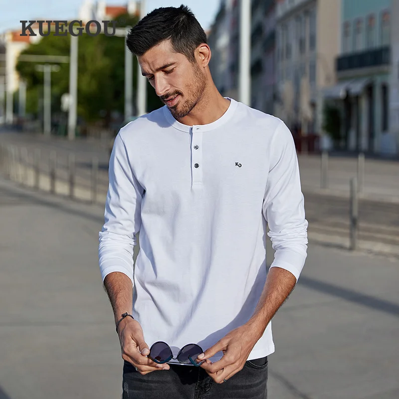 

KUEGOU 2022 Spring 100% Cotton Plain White T Shirt Men Slim Tshirt Brand Long Sleeve T-Shirt Male Wear Plus Size Tee Tops 88011
