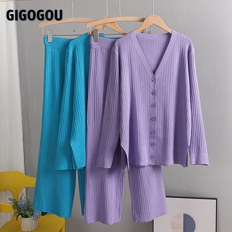 Женский свитер GIGOGOU вязаный джемпер в рубчик + широкие брюки весенние комплекты