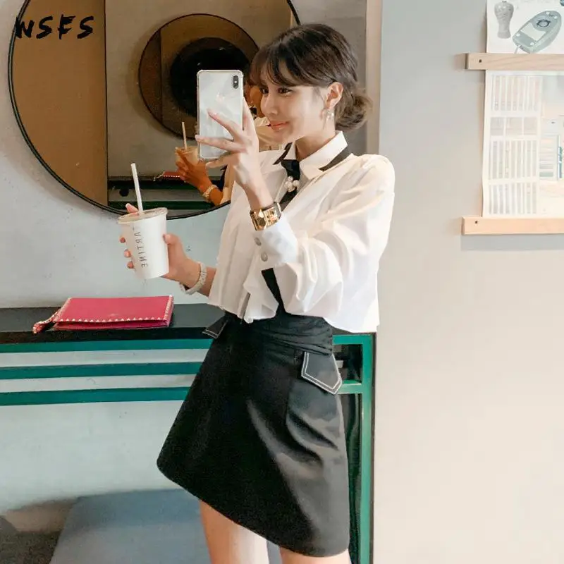 

2 Pieces Set Summer Dress Vintage White Shirt Tops Bandage Bodycon Sexy Office Ladies Women Dresses Black Wrap Skirts Clothes