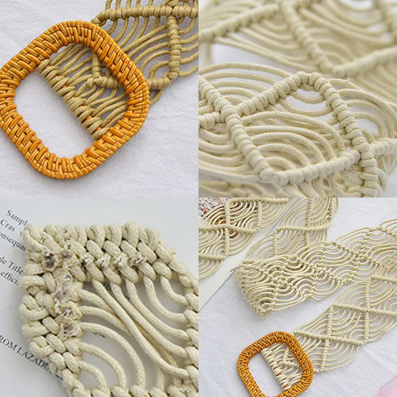 

Women Bohemian Elastic Braided Belt Fashion Female Summer Dress Jeans Wide Black PP Straw Designer Wood Buckle Boho Belts White
