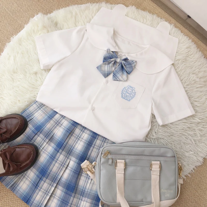 

Summer new Loose Sweet JK Uniform Blouse College Style Women Casual Rabbit ears Navy collar Kawaii Short sleeve Shirt Tops