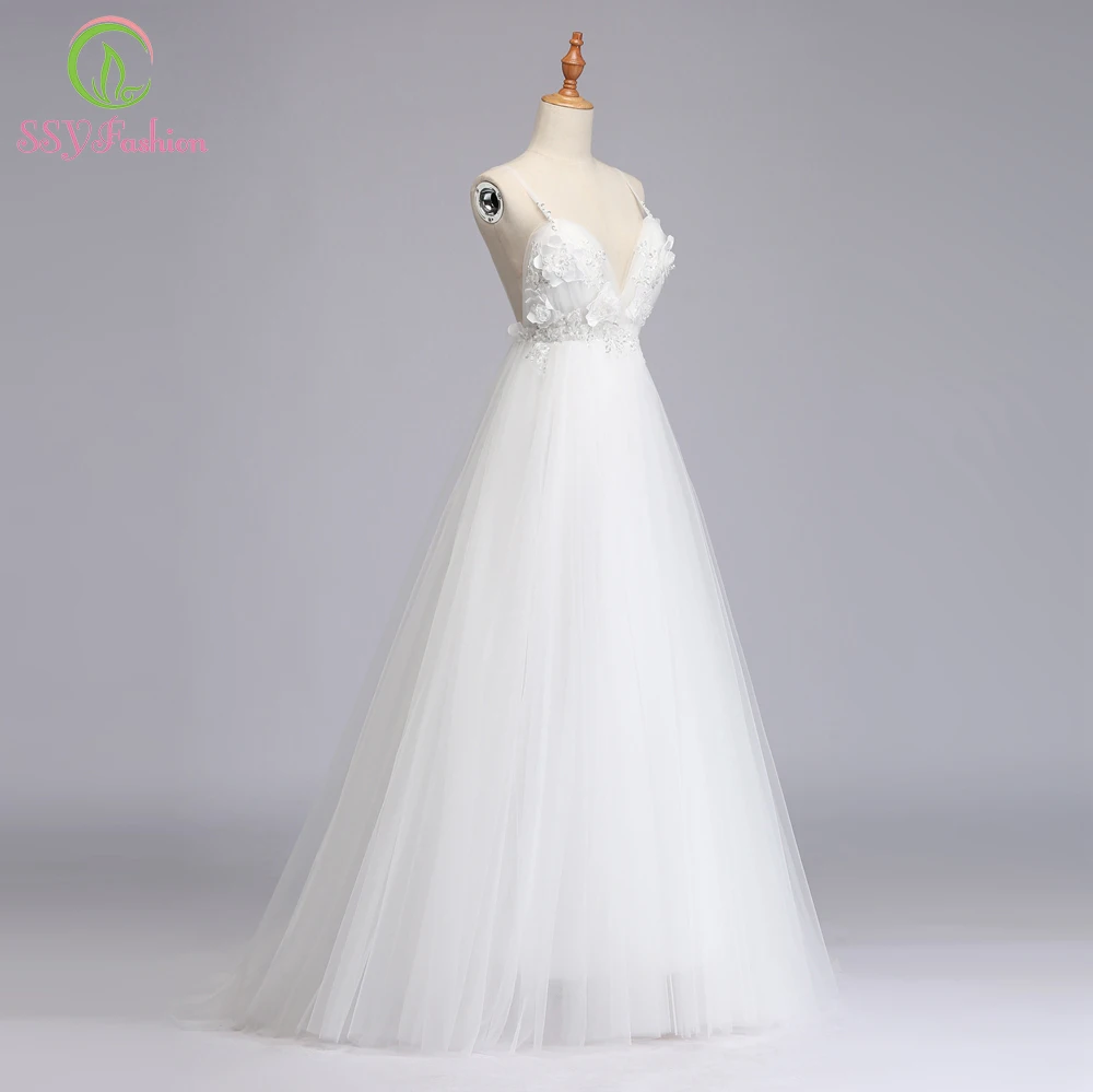 SSYFashion Новое Белое пляжное платье сексуальное глубокое v-образным вырезом кружевное цветочное Бисероплетение с открытой спиной с коротким шлейфом длинное вечернее платье для выпускного вечера Robe De Soiree