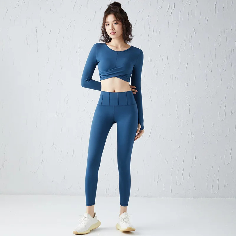 

New Double-sided Nylon Sanding Yoga Suit Suit Women Navel Wrinkle Yoga T-shirt Skin-friendly Nude Hip Pants