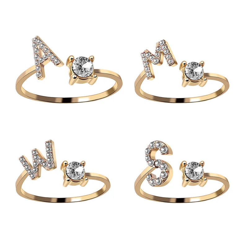 

Luokey Opening Adjustable Rhinestone A-Z Letter Ring Initials Name Alphabet Finger Rings For Women Wedding Jewelry Dropshipping