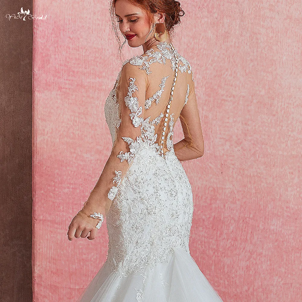 picture color RSW1582 Новое Поступление Имитация Длинного Рукава с круглым вырезом внутри с v-образным вырезом без спинки сексуальное Тюлевое свадебное платье Русалка - Цвет: picture color