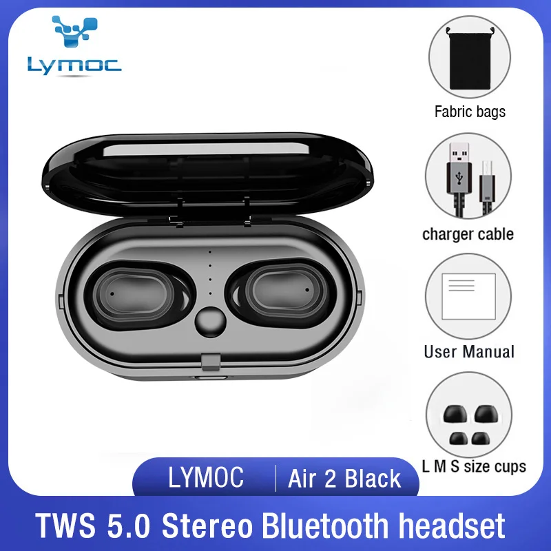 LYMOC Air 2 Bluetooth 5,0 беспроводные наушники TWS наушники нового поколения наушники двойной HD микрофон для iPhone Xiaomi huawei - Цвет: Black fabric bag