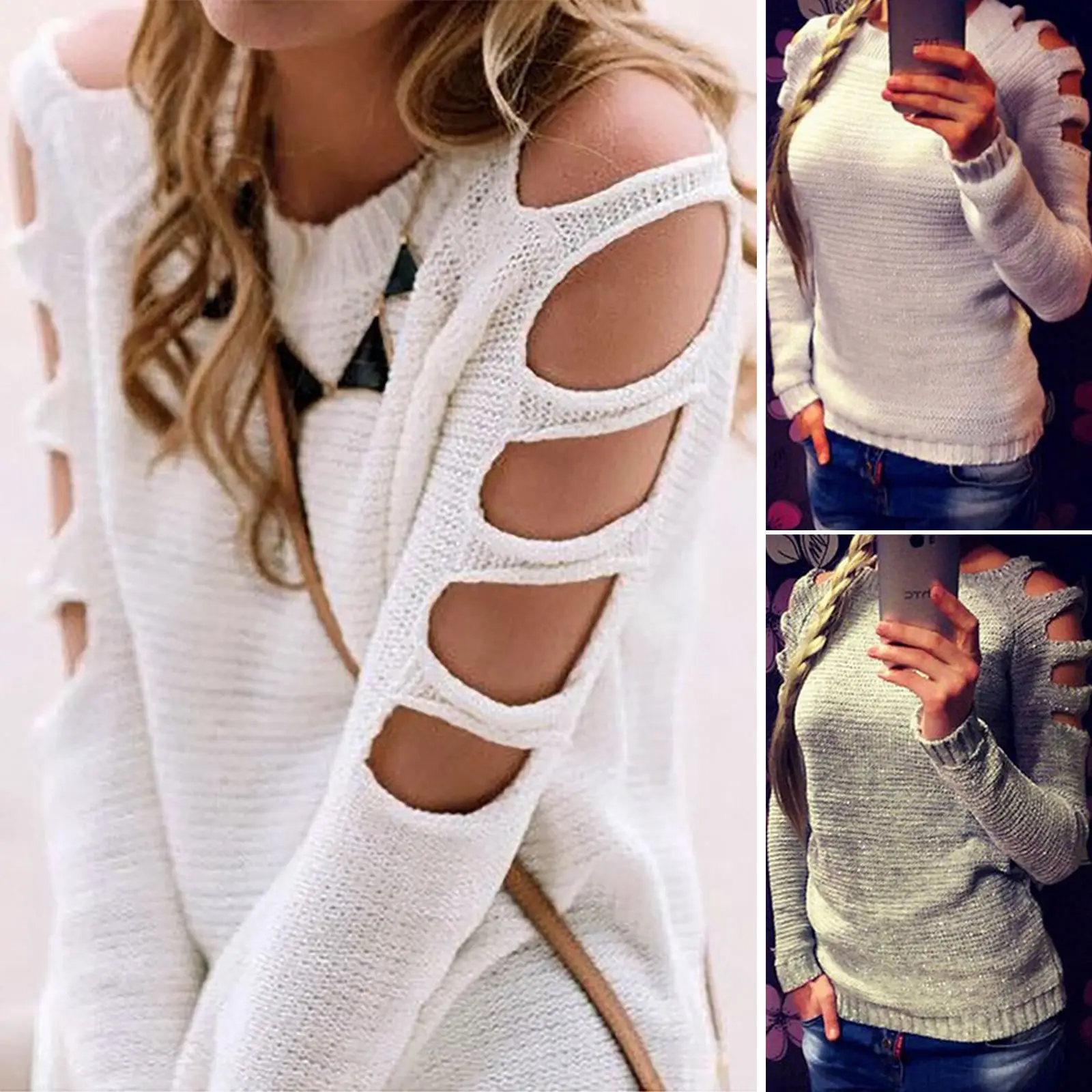 Women Sweaters and Pullovers Cold Shoulder Hollow Out Thin Knitted Sweater O Neck Solid Jumpers