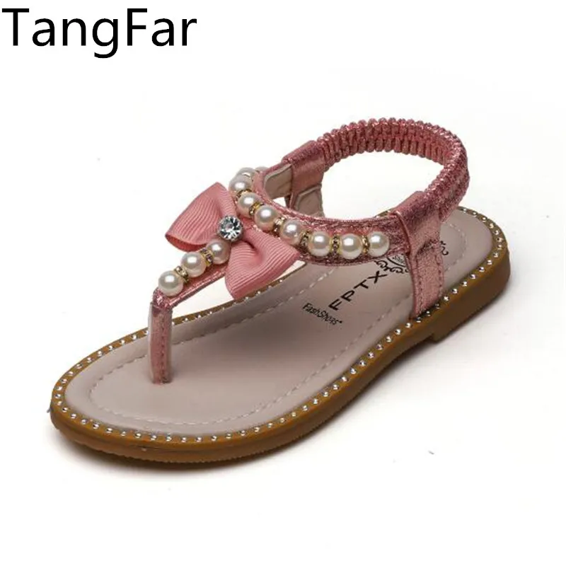 

Children Leather Flip-flop Sandals Pearl Black Beach Sandal For Kids Bow Flat Heel Princess Shoes New 2020