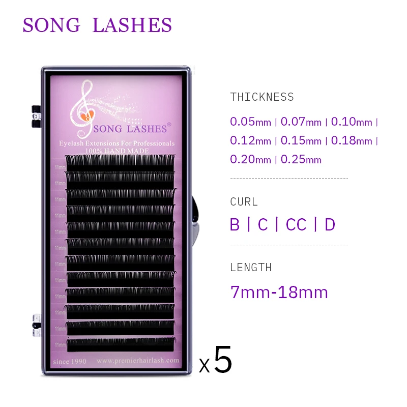 SONG LASHES, накладные ресницы для наращивания, мягкий тонкий кончик, завивка BCD, толщина 0,05 мм до 0,25 мм, пять лотков в упаковке