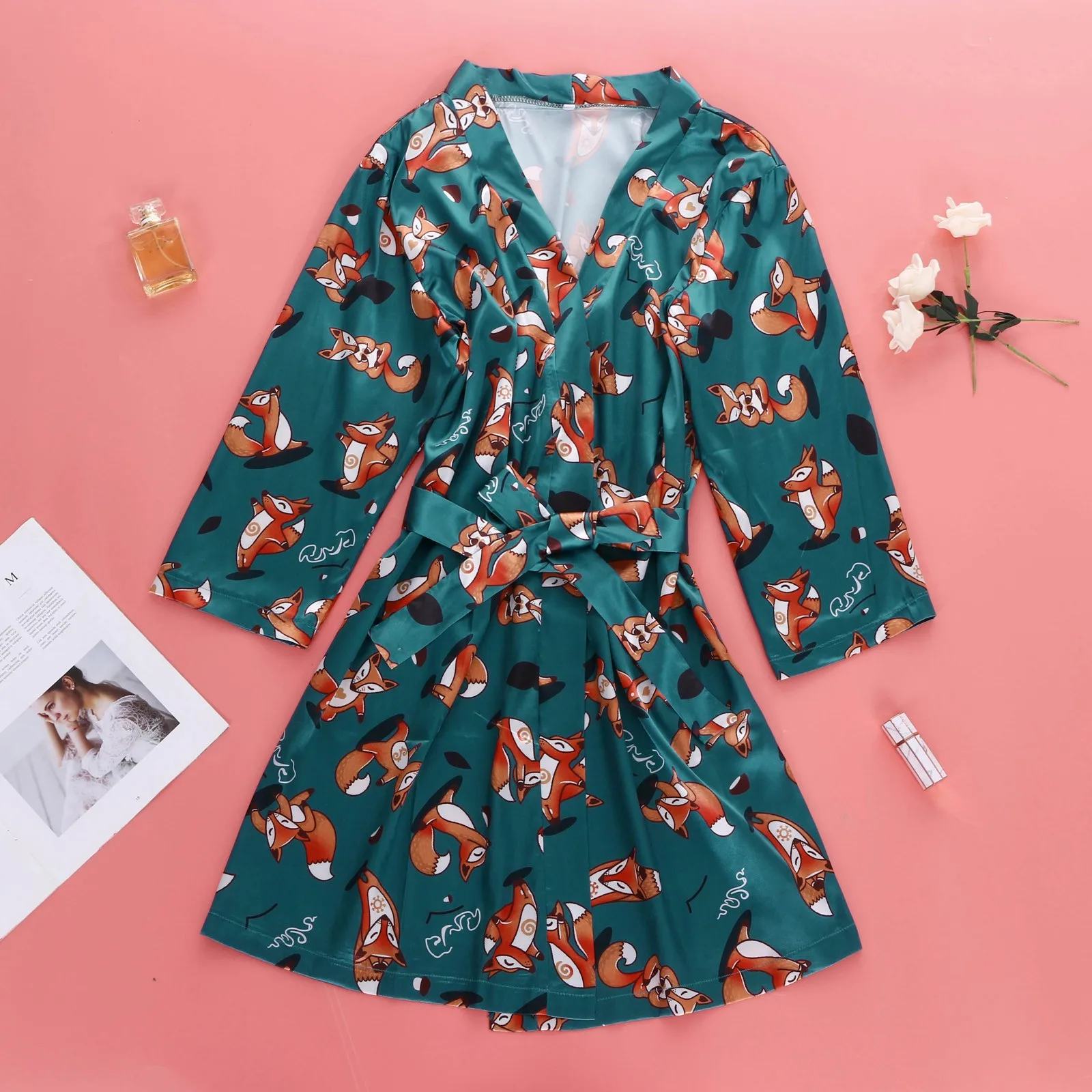 

S-4XL Cute little fox print pajamas Satin Silk Pajamas Women Nightdress Lingerie Robes Underwear Sleepwear Sexy satin kimono F4