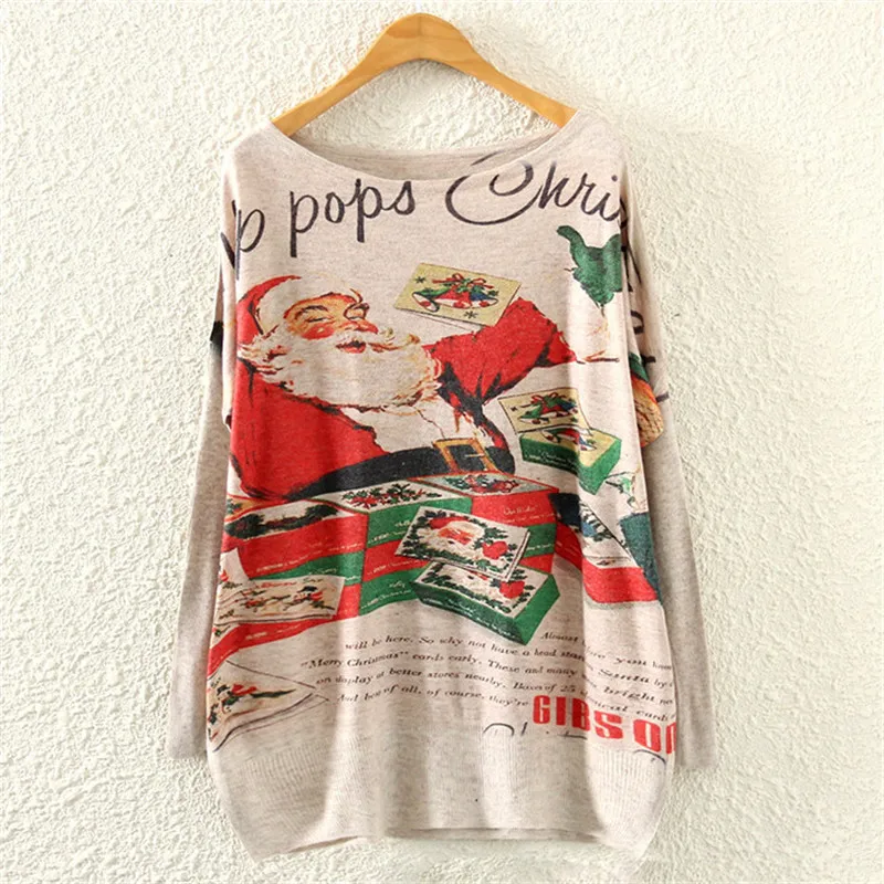 

Oversize Santa Reindeer Print Christmas Sweater Casual Batwing Sleeve Knitted Loose Winter Vintage Jumpers Tops Women Clothes