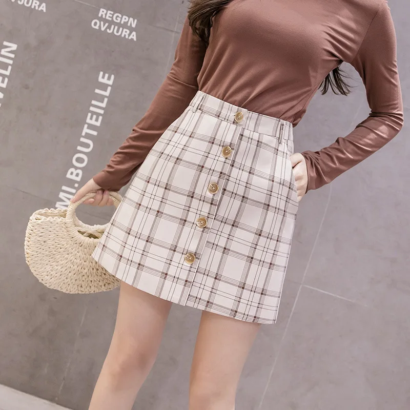 

Single-breasted Plaid Chiffon A-line Skirt Women Summer High Waist Slim Mini Skirt Women Korean Style Skirt Women