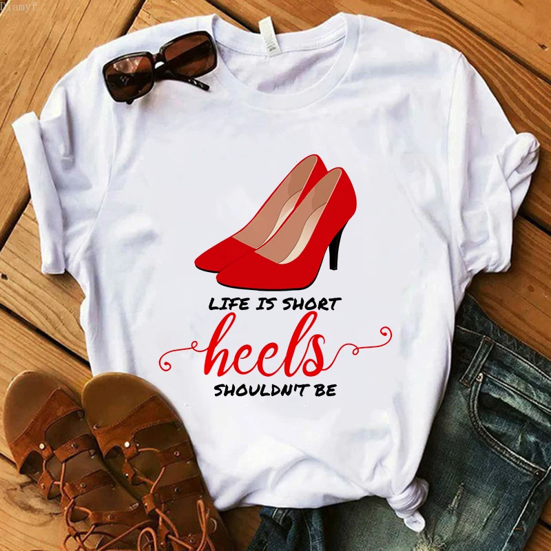 

White T Shirt Women Tops Fashion High Heel Shoes Letter Print Tshirt 2021 Women Shirts Summer Short Sleeve Tee Shirt