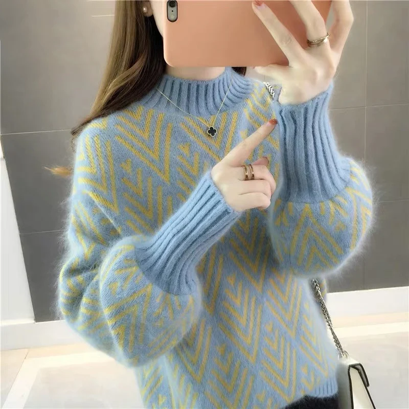 

Autumn Winter Imitation Mink Fleece Sweater Female Fashion Loose Short Knit Outer Wear Lady Diamond Lattice Thick Sweaters Women