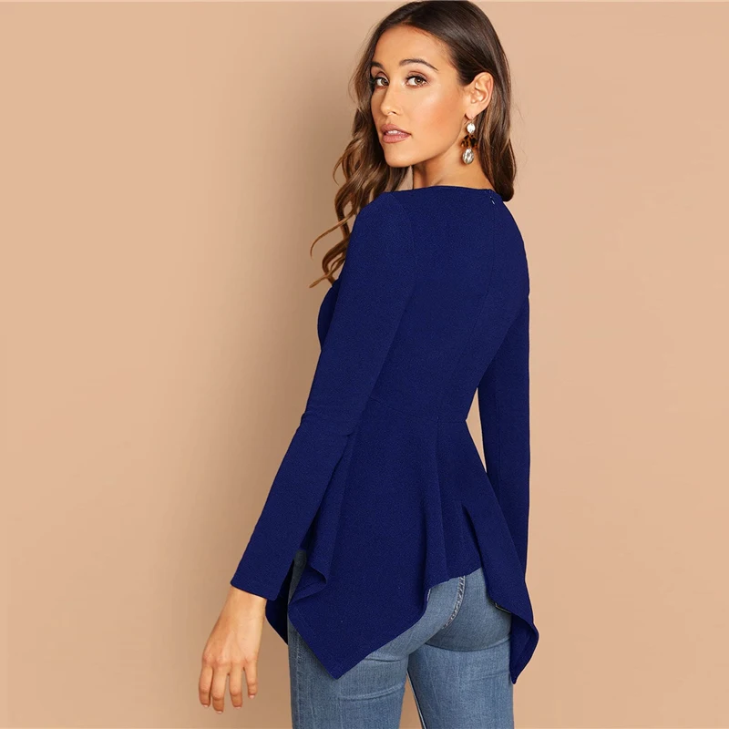SHEIN Однотонный Топ С Асимметричным Низом И Молнией Женская Черная Классическая Блузка С Длинными Рукавами