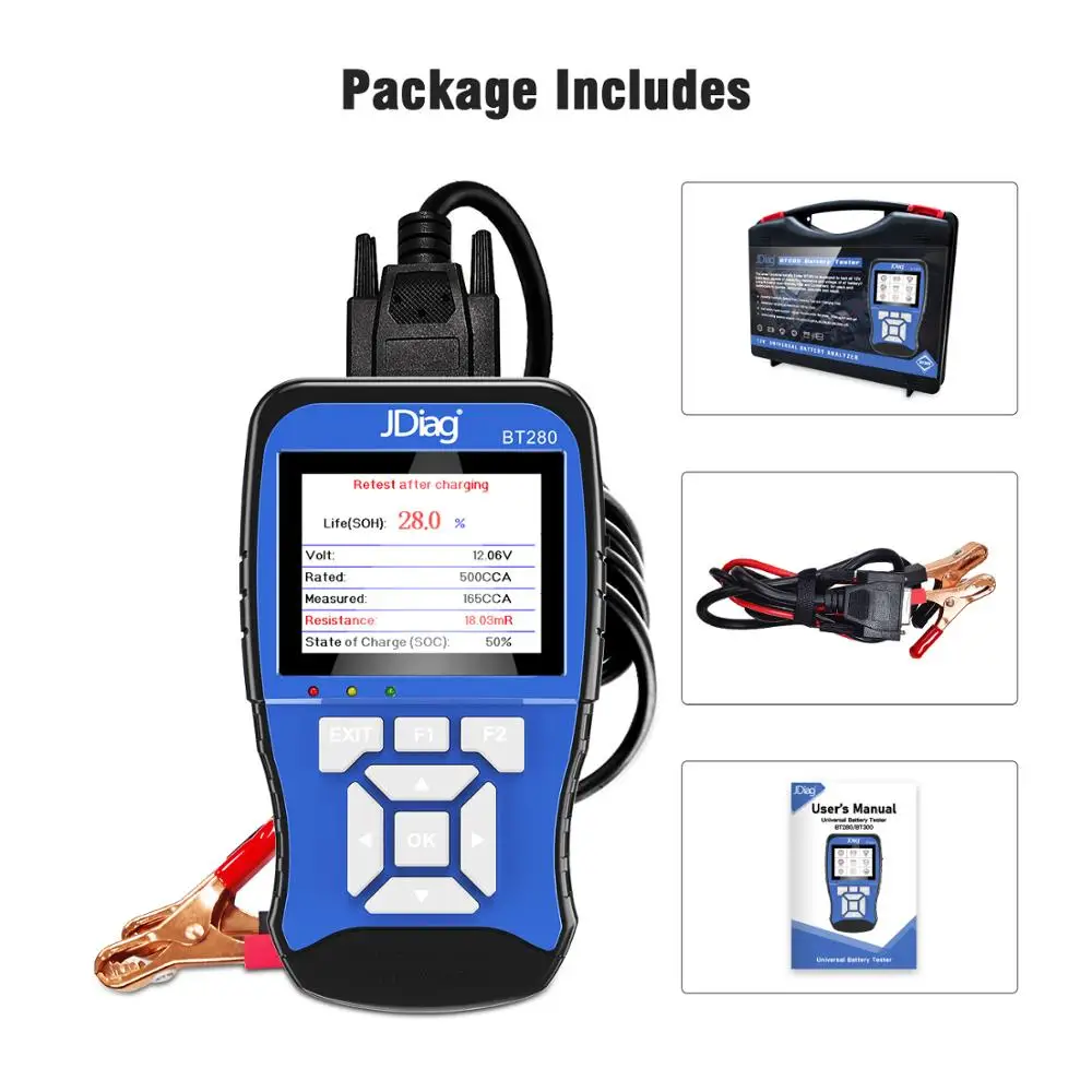 JDiag BT280Bluetooth Car Battery Charger Tester 12V 100 to 2000CCA Analyzer Battery Test Car Battery Load Tester Tools