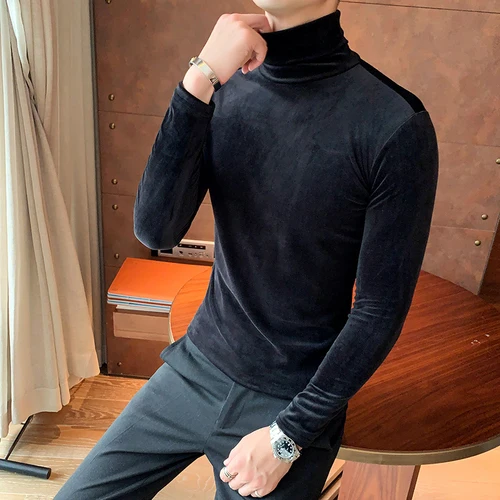 Азиатский размер Slim Fit стрейч бархат водолазка Мужская футболка с длинным рукавом осенние вечерние Нежные мужские - Цвет: Черный