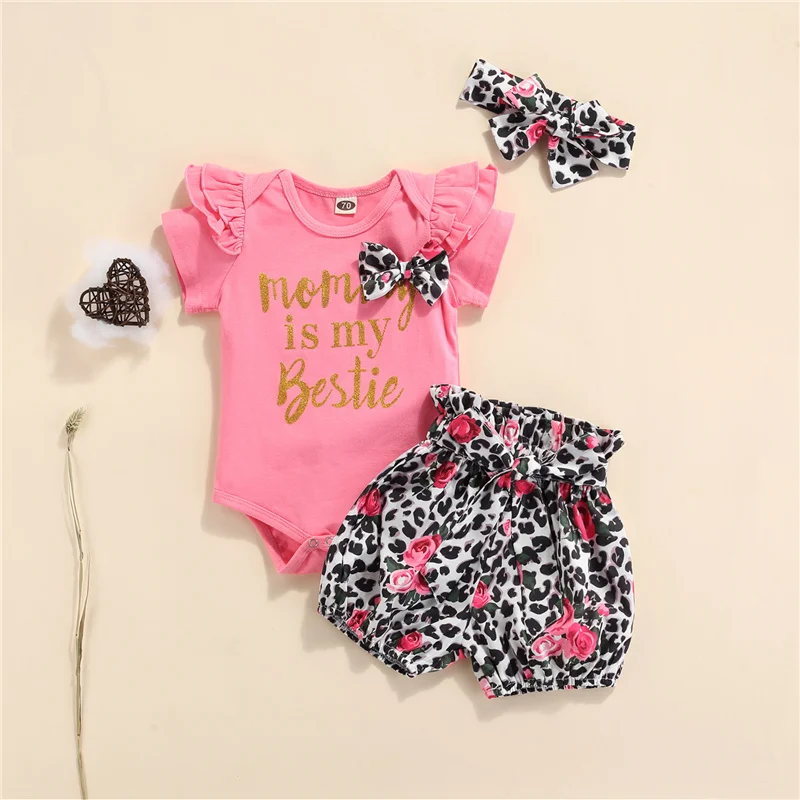 

Комплект одежды для маленьких девочек из 3 предметов, Летний комбинезон с круглым вырезом, короткими рукавами и буквенным принтом для новор...