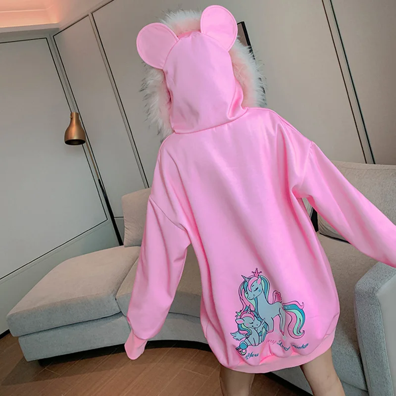 2020 весенние плотные толстовки с меховым воротником модные женские мультяшным