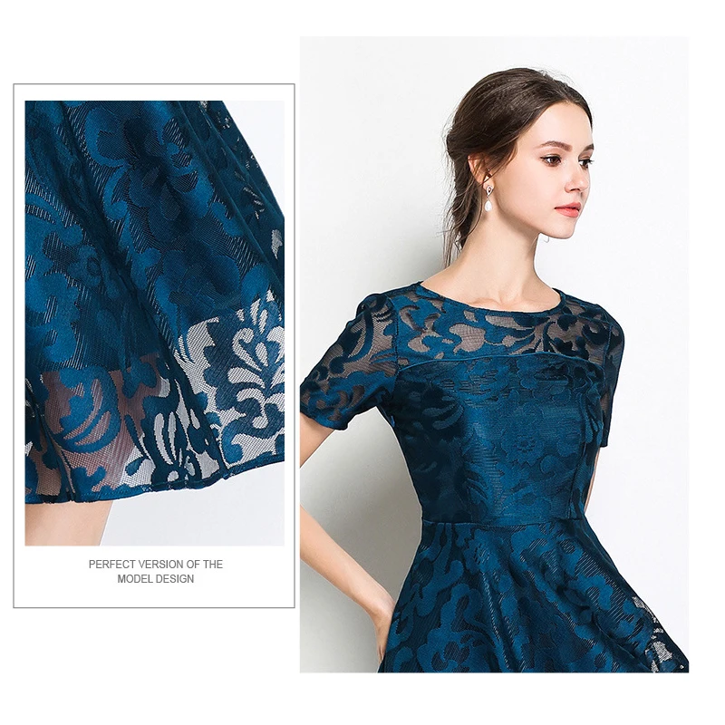 

Summer New Women Fashion Elegant O-Neck Short Sleeve Casual Lace Flared Dress Knee Length Vintage Party Clothing Lady Clothes