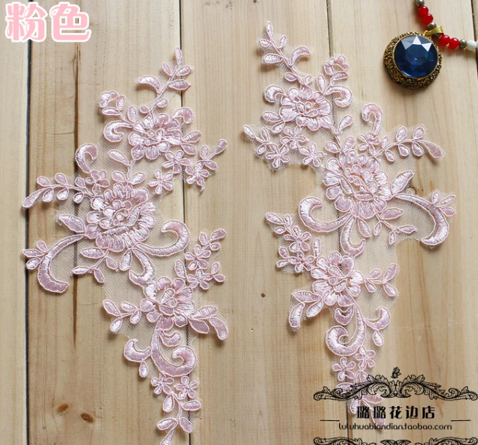pink 4 шт./2 пары 25*12 см зеркало Venise леди шитье золото слоновой кости красный цветок цветочные кружева планки аппликация патч для свадебного платья - Цвет: pink