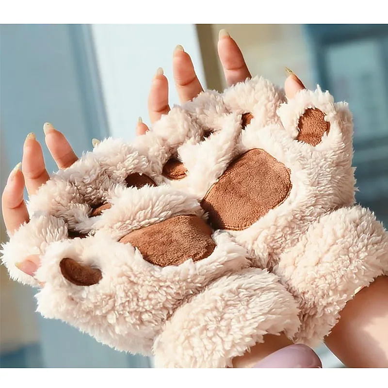 Перчатки без пальцев с кошачьей лапой милые зимние теплые мягкие плюшевые