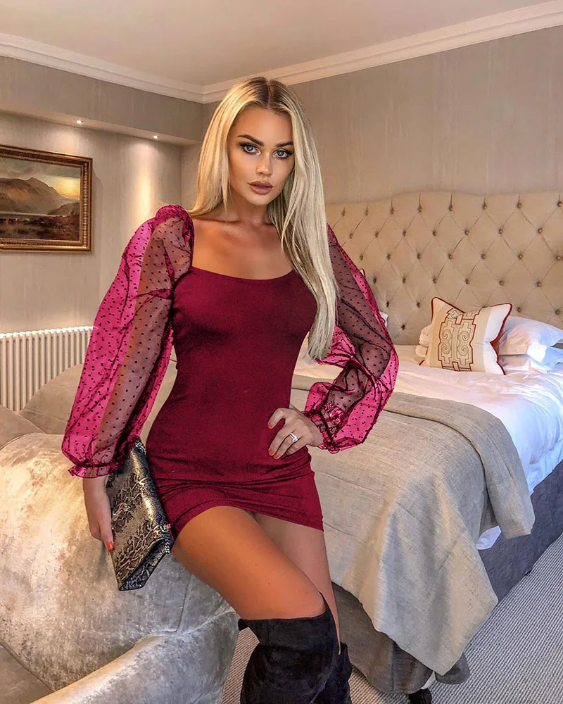 Платье с пышными рукавами женское платье квадратным вырезом в горошек Сетчатое