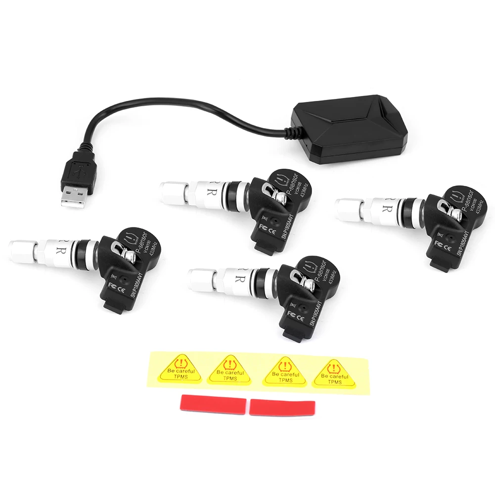 

USB Android TPMS Car Tire Pressure Monitor with 4 External Sensors 116 psi Monitoring Alarm System 5V Wireless Transmission TPMS