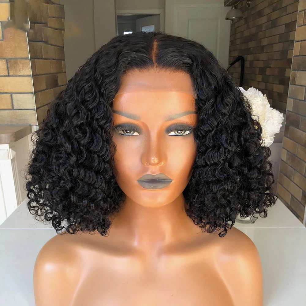 

Short Cut Bob 180% Middle Part Lace Front Wig for Women Babyhair Preplucked Heat Resistant Synthetic Glueless Black Kinky Curly