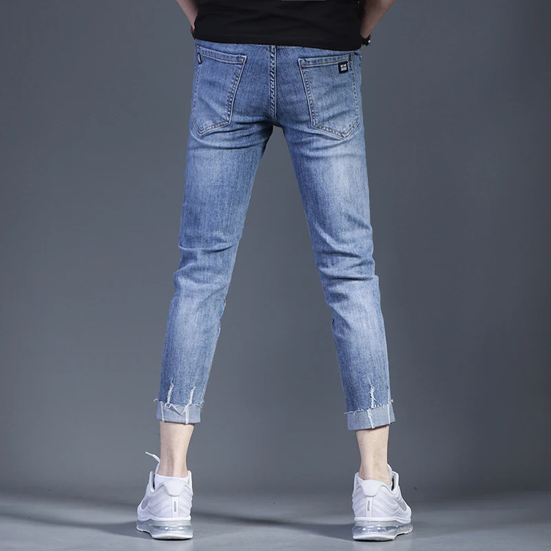 Summer Men's Blue Ripped Jeans Casual Slim Fit Ankle-Length Pants Korean Style Denim Trousers