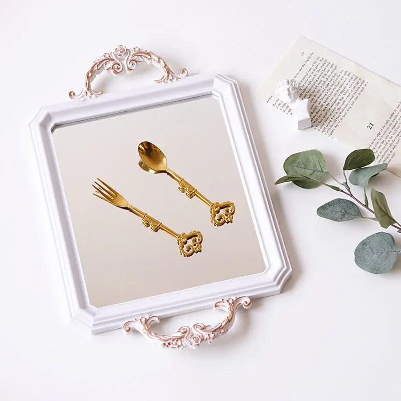 

French Retro Mirror Plastic Storage Tray Decorative Tea Tray Glass Binaural Rectangular Tray Home Living Room Trays Decorative