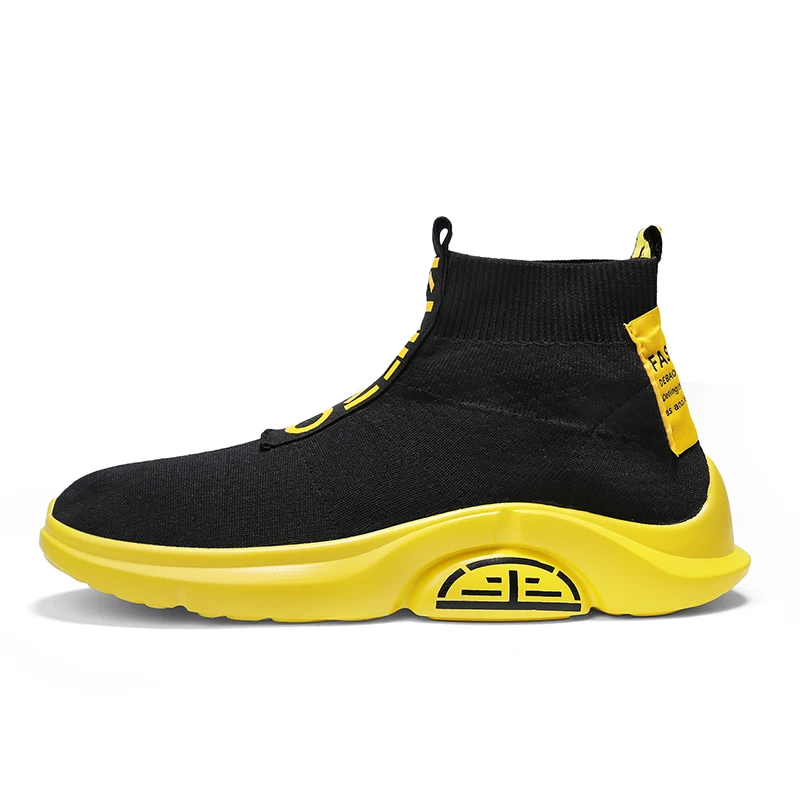 black yellow X030 Модная повседневная обувь с высоким берцем Мужская дышащая обувь на плоской подошве, мужская повседневная обувь на платформе без шнуровки мужские носки прогулочная обувь, мужская обувь, zapatos - Цвет: black yellow X030