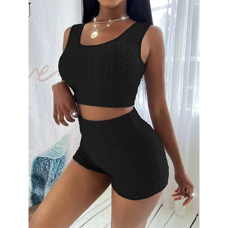 

Uclio Women's Pineapple Grid Solid Color Shorts Sports Vest Suit