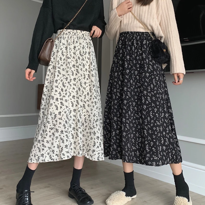 

FAKUNTN 2021 Spring Vintage Floral Print Ruffle Pleated Long Skirts Women Korean Skirt Streetwear
