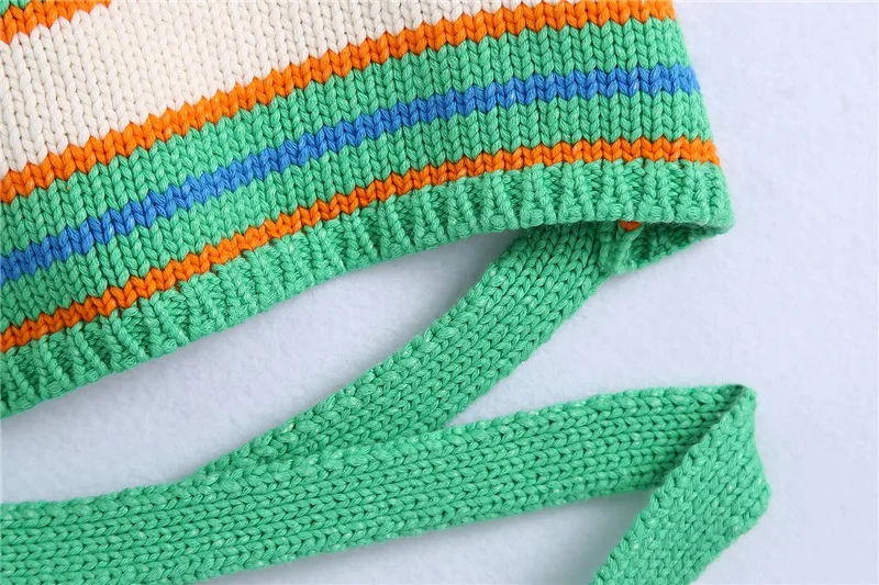 

2021 new Women Sweet Fashion Striped Knitted Tank Tops Vintage Halter Neck Backless Bow Tied Female