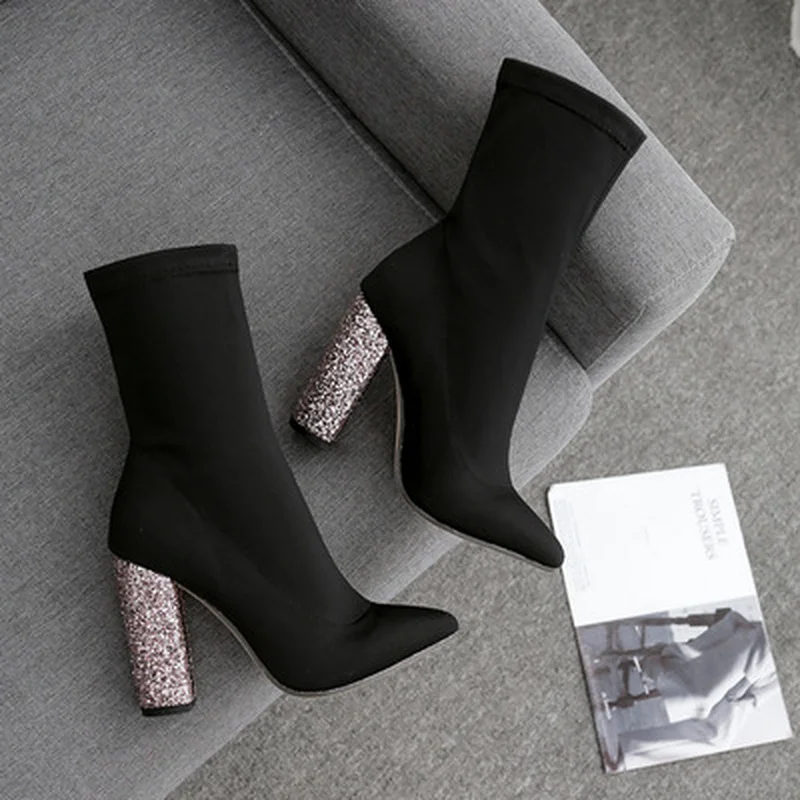 

2021 New Autumn Winter Stretch Fabric Women Boots Fashion Round Toe Ankle Boots Bling High Heels Woman Socks Boots