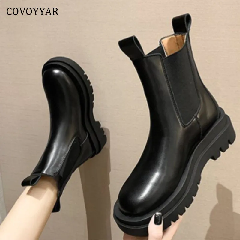 

COVOYYAR Black Women Boots Autumn Winter Mid Calf Chelsea Boots Woman Fashion Slip on Platform Women's Shoes WBS4134