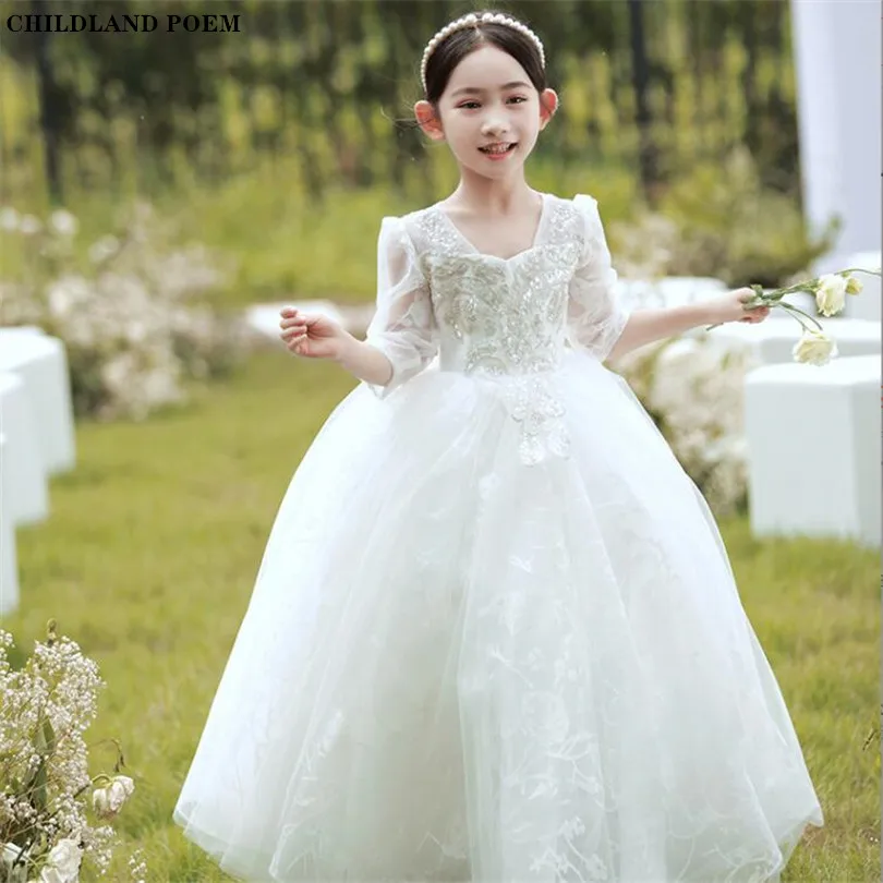 

Kids Pageant Evening Gowns Lace Flower Girls First Communion Dresses White Princess Teenage Girls Dress For Party And Wedding