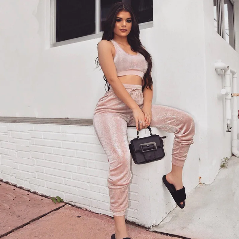 2 Piece Set Women Spaghetti Straps Sexy Crop Top Leggings See-through 2018 Autumn Winter Fashion Casual Sweatsuit | Женская одежда