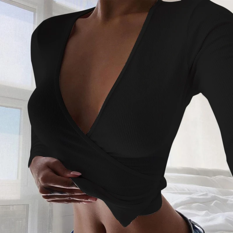 2020 Летняя женская тонкая футболка черная белая с длинным рукавом перекрестным
