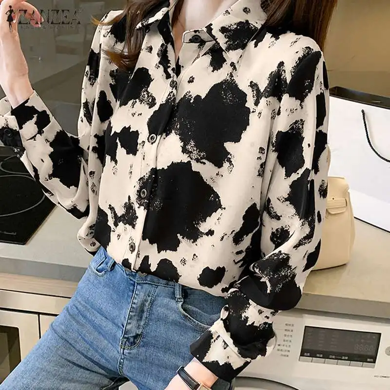 

ZANZEA 2022 Femme Fashion OL Work Party Chemise Women Autumn Shirt Lapel Contrast Color Button Blusas Elegant Long Sleeve Blouse