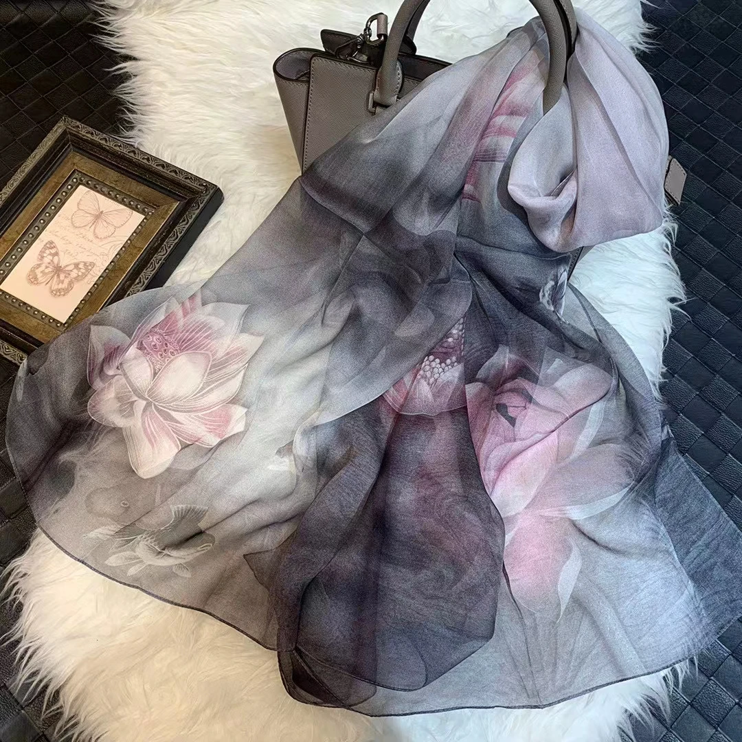 

[BYSIFA] New Grey Pink Women Silk Scarf Shawl Printed Fashion Winter 100% Natural Silk Long Scarves Chinese Style Chiffon Scarf