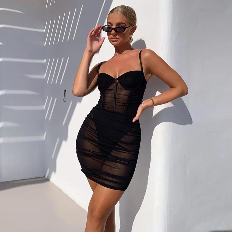 

Women See Through Mesh Sexy Dresses Sleeveless Strapless Bodycon Dress Fashion Elegant Sheath Club Party New Autumn