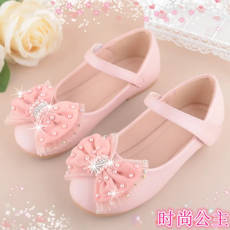 

Children Princess Shoes for Girls Sandals Flats Pearl Rhinestone Lace Bow Party Dress Shoe Student Kids Leather Shoes Pink Beige