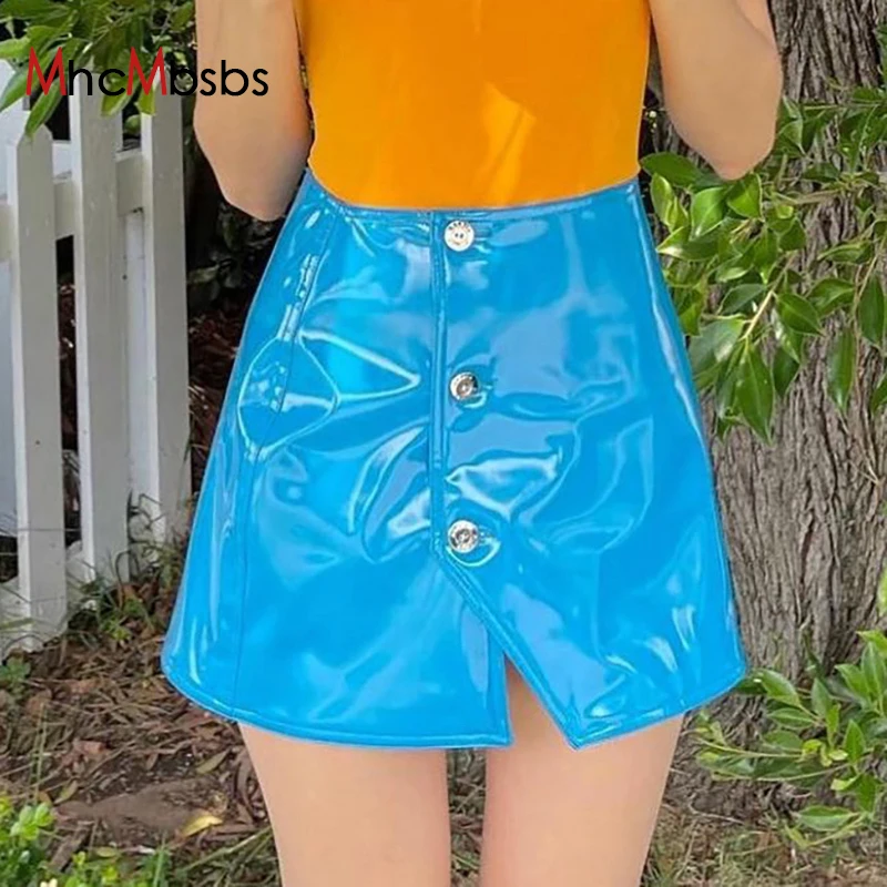 

Женская яркая мини-юбка из искусственной кожи в стиле "Лолита", Привлекательная юбка с завышенной талией и пуговицами, синяя короткая юбка-с...