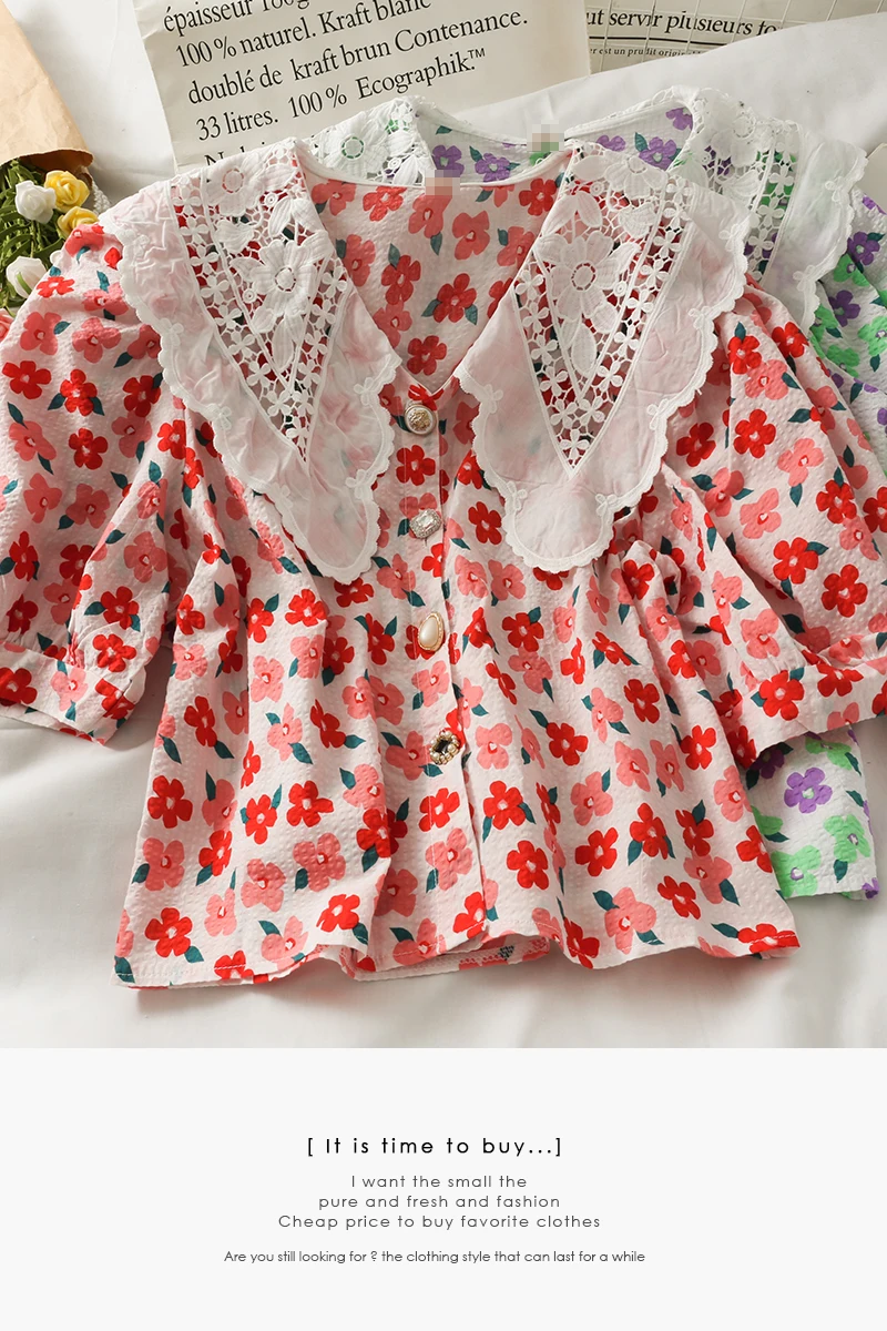 

elegant print single button-up bubble sleeve loose top women Summer shirt