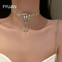 fyuan korean style white oval crystal choker necklaces for women elegant tassel pendant necklaces wedding banquet jewelry