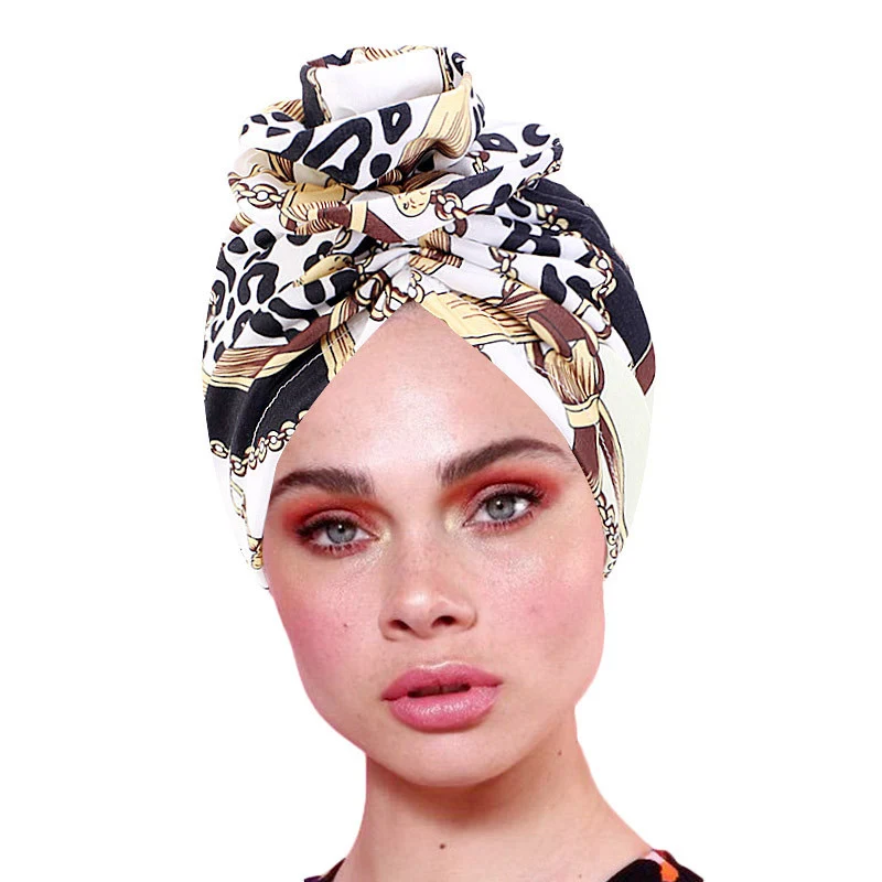 

Ethnic Chain Printed Big Flower Headscarf Bonnet Women Turban Hat Turbante Femme Musulman India Hat Islamic Head Wrap Turban