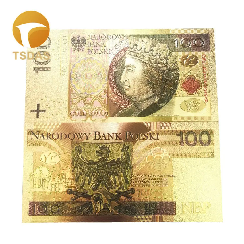 100 PLN Новая цветная 999,9 Золотая фольга банкнота 24k позолоченная Польша 100 злотых для деловых подарков и домашнего декора - Цвет: 100 PLN