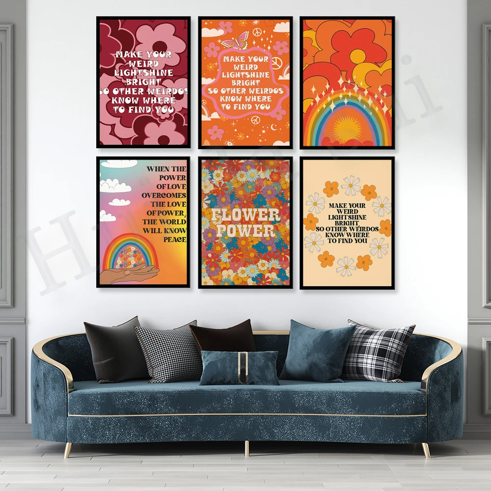 

Flower Power, 70s Floral Pattern Print, 70s Wall Art, Vintage Gradient Rainbow Poster, Wall Art, Retro Home Decor, Hippie Decor